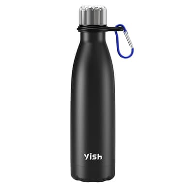 YISH Borraccia Termica Termos Acqua:Borraccia Acciaio Inox 500ml per Acqua Frizzante con Moschettoni Senza BPA Caldo/Freddo per 10 Ore Sport,Palestra,Bici,Campeggio,Viaggi,Famiglia,Nero