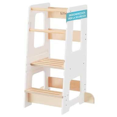 KYWAI® Torre Montessoriana Bambini Premium in Legno, Torretta Montessoriana – Regolabile in Altezza, Doppia Barra di Sicurezza, Azienda Sostenibile Impegnata nella Riforestazione (Bianco)