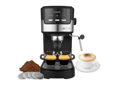 beper P101CAF100 Macchina caffè espresso Duetta, 1100W, Adatto a cialde e caffè in polvere, Macchinetta con braccio a doppia uscita, 15bar, Piano scalda tazze, misurino e pressino inclusi, Nero