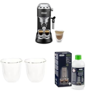 De'Longhi EC685.BK Dedica EC 685.BK Macchina per caffè espresso portafiltro, nera + set di 2 bicchieri da caffè isolati + anticalcare | Anticalcare universale per 4 cicli di disincrostazione