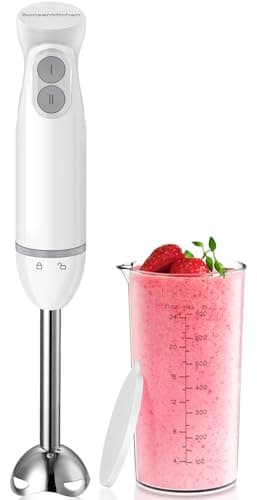 Bonsenkitchen Frullatore a Immersione 2 in 1, Minipimer in acciaio inossidabile da 1000 W, 2 Velocità, con Misurino da 700 ml con Coperchio, per Pappe, Zuppe, Frullati, Puree