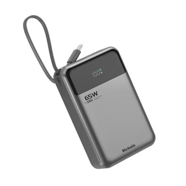 Hichain Power Bank 65W Ricarica Rapida 20000mAh Caricabatterie Portatile Display Digitale Cavi integrati USB C in&out Compatibile con iPhone serie 16/15/14/13, Vision Pro, Samsung, MacBook, ipad