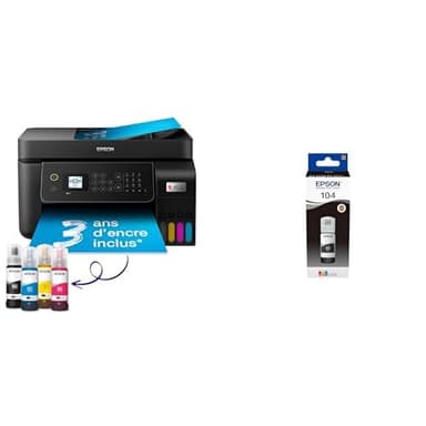 Epson EcoTank ET-4800 stampante A4 (stampa, copia, scansione, fax) ADF, display LDC 3.7cm, USB, Wi-Fi, Nero & Serie 104 Bottiglia di Inchiostro EcoTank -Ricarica Agevole Serbatoi Stampante