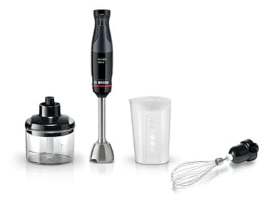 Bosch Serie 4 Frullatore a Immersione ErgoMaster MSM4B621, 1000 W, Ergonomico, Regolazione Dinamica della Velocità, Lame in Acciaio Inox, Tritatutto e Frusta Inclusi, Bicchiere Graduato, Nero