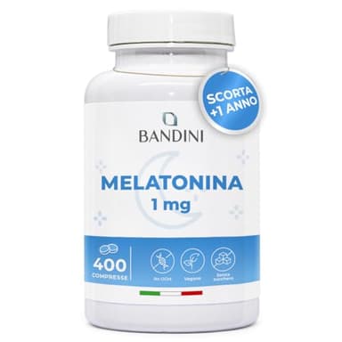 Bandini® Melatonina Forte Pura, 400 Compresse (Scorta + 1 anno), Integratore per Dormire 1mg per Compressa, Facile da Deglutire, Migliora la Qualità del Sonno Regolando il Ciclo Sonno-Veglia, Vegana