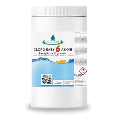acquaverde | Cloro Easy 6 AZIONI in Pastiglie da 20 gr. Multiazione per Trattamento di Piscina e Spa: Clorazione, Alghicida, Flocculante, Stabilizzante del Ph, Antischiuma e Antimicotico – 1 kg