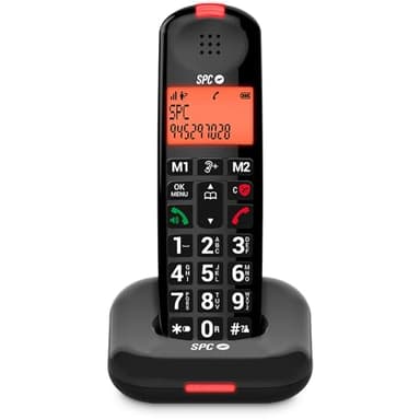 SPC Comfort Kairo - Telefono cordless anziani con tasti grandi, suono extra amplificato, compatibile con apparecchi acustici, funzione blocco chiamata, segnale luminoso, 2 memorie dirette – Nero