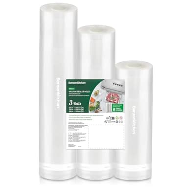 Bonsenkitchen Sacchetti Sottovuoto per Alimenti, 3 Rotoli di Sacchetti Sottovuoto da 20|25|28x300 cm, per Macchine Sottovuoto e Cottura Sous Vide, Senza BPA, VB3217