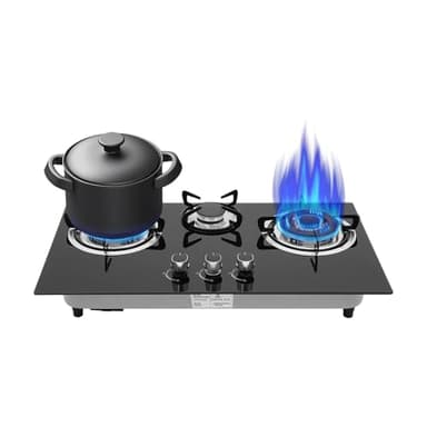 Piano cottura a gas in vetro a 3 fuochi, a gas naturale, per interni, 8350 W, (3300 W+1750 W+3300 W), 3 piani cottura per gas liquefatto e gas naturale, adatto per tutte le pentole