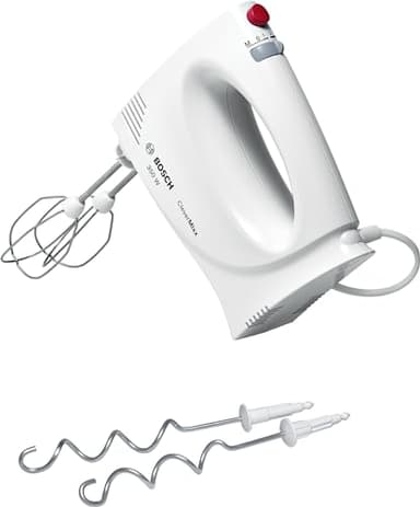 Bosch Sbattitore Elettrico MFQ3030, 350W, 4 Livelli di Velocità, Ultra Leggero e Maneggevole, Impugnatura Ergonomica, Fruste e Ganci per Impastare in Acciaio Inox Inclusi, Bianco