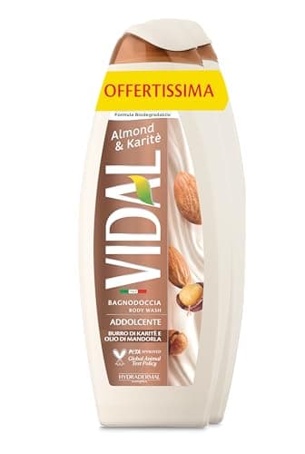 Vidal - Bagnoschiuma Almond & Karité, Formula Addolcente, con Olio di Mandorle e Burro di Karité, Dermatologicamente Testato, 2 Flaconi da 600ml