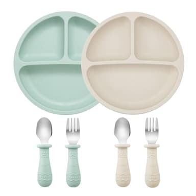 PandaEar Set per l’Alimentazione per Bambini | 2 Piatti Divisi con Ventosa in Silicone, 2 Set di Cucchiai e Forchette per Bambini | Utensili Autoalimentanti per Svezzamento Guidato