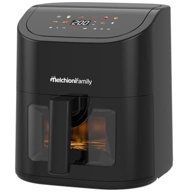 Melchioni Family | Friggitrice ad Aria EMMA, Capacità 5 litri, Display Touch Screen e Timer, Finestra Trasparente, Air Fryer Senza Olio con 8 Programmi, 50-200°, 1600 W, Colore Nero