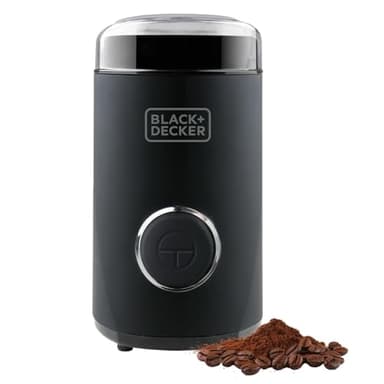 BLACK+DECKER - Macinacaffè elettrico potente 150 W. Deposito caffè in grani da 50 g. Lame e deposito in acciaio inossidabile. Macinatura Fine. Adatto per tritare caffè e spezie. Avvolgicavo. Nero