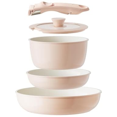Redchef Set di pentole in ceramica 5 pezzi con manico rimovibile, Antiaderente,per campeggio, senza PFAS e PFOA, salvaspazio, lavabile in lavastoviglie,rosa