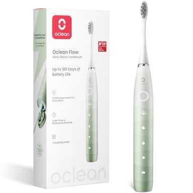 Oclean spazzolino elettrico sonico Flow, Ricarica ogni 180 giorni, 5 Modalità, Impermeabile IPX7, Timer da 2 minuti, Testine DuPont, Verde