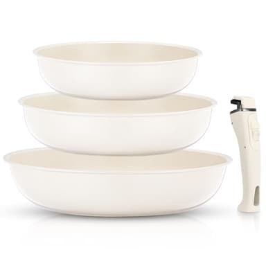 FOHERE Padelle Antiaderenti con Manico Removibile, Set 3 Padelle Ceramica 20/24/28 CM, Induzione Per Tutti I Piani Cottura, Lavabile in Lavastoviglie e Forno, Alluminio, Beige