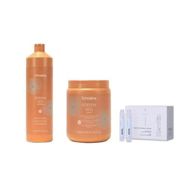 Set Keratin Veg , Shampoo e Maschera Senza Sali per Capelli Colorati e Trattati , adatti per stiratura alla cheratina, completamente Vegani Con Fiale alla Keratina,1000 ml