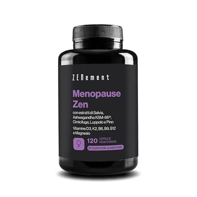 Formula Menopausa Giorno & Notte - 11 Ingredienti Attivi: Salvia, Ashwagandha KSM-66, Luppolo, Pino, Cohosh Nero, Vitamine D3 K2 B6 B9 B12 e Magnesio-– 120 Capsule, Senza Soia - Menopause Zen