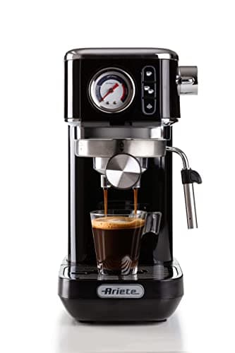 Ariete 1381 - Caffettiera con manometro, compatibile con caffè in polvere e pastiglie ESE 1300 W, capacità 1,1 l, filtro a pressione 15 bar, dispositivo cappuccino da ½ tazze, colore: nero