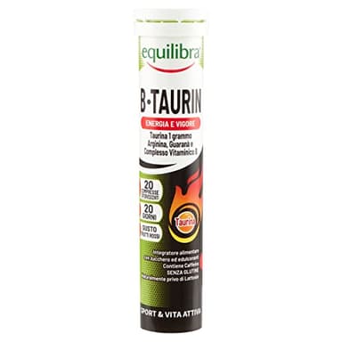 equilibra Integratori Alimentari, B-Taurin, Integratore per Energia Istantanea, Stimola il Metabolismo, con Taurina, Arginina, Guaranà e Vitamine del Gruppo B, 20 Compresse Effervescenti