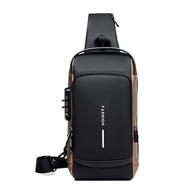 FANDARE Antifurto Borsa Petto Affari Borse a Tracolla Borsa con USB Borsa a Spalla per Uomo Viaggio Escursionismo Bici Campeggio Escursione Impermeabile Multi-Tasche Piccolo Zaino, Nero/Marrone, L,