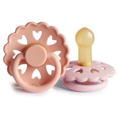 FRIGG Fairytale Confezione da 2 ciucci | Ciuccio in lattice | Senza BPA | Prodotto in Danimarca | Tettarella simmetrica a ciliegia | (Pretty In Peach/Primrose, Taglia 2 (6-18 Mesi))