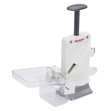 Westmark Doppio denocciolatore per ciliegie e prugne, Denocciolatore combinato, Extra veloce: 2 ciliegie alla volta, Altezza: 32,5 cm, Plastica/Alluminio, Steinomat, Bianco/Argento, 40602260