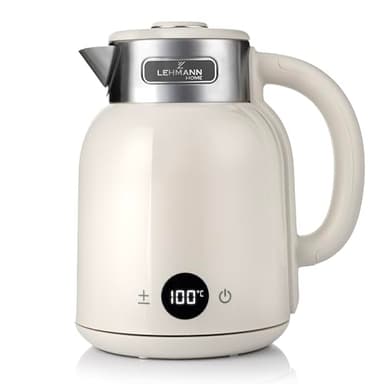 LEHMANN Bollitore Elettrico con Regolazione della Temperatura 40–100°C, 1,5 L, 1600W, Funzione Mantenimento Caldo, Display LED, Base Girevole 360°, Acciaio Inox, BPA‑free, Crema