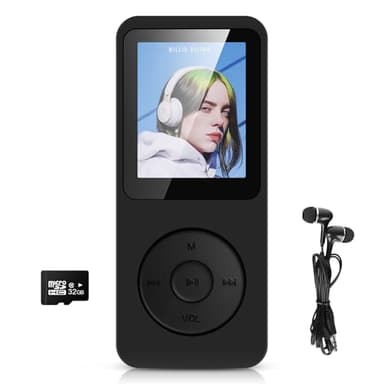 Lettore MP3 da 32 GB, Bluetooth 5.3 con schermo a colori TFT da 1,8", con cuffie, HiFi Musica per bambini, lettore MP3 con altoparlante, radio FM, e-book, registrazione, supporto fino a 128 GB, nero
