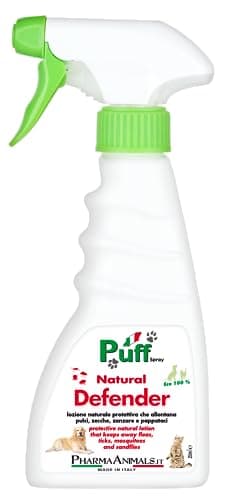 Puff Natural Defender Antiparassitario contro Pulci Zecche Zanzare E Pappataci, Spray Citronella per Cani Gatti Animali-Azione Naturale-Eco 100%-Spray Pronto Uso 250 Ml
