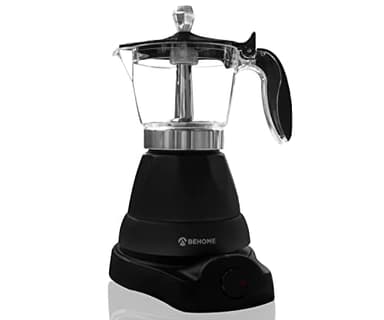 BEHOME Moka Elettrica 3 Tazze, Caffettiera Elettrica 3 tazze con Riduttore 1 tazza, Mantenimento caffè caldo per 30 min, Base Rotante a 360°, Nera (Senza Timer)