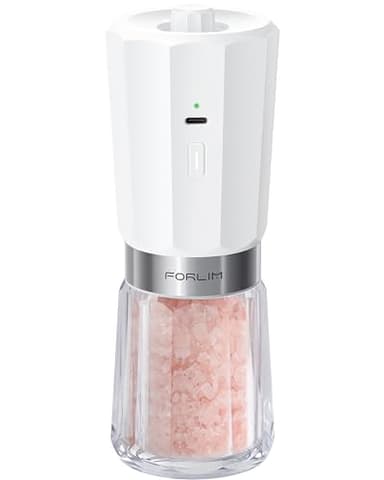 FORLIM Macina Sale o Pepe Elettrico a Gravità con 2 Velocità, 800mAh Ricaricabile, Funzione di Pulizia Auto-Inversa, Macina Pepe con LED Bianco, Nocciolo di Macinazione in Ceramica, Bianco