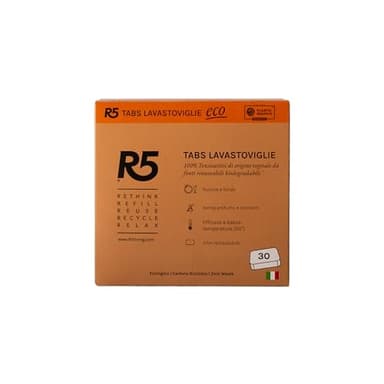 R5, Eco Tabs Lavastoviglie, 30 Pastiglie Lavastoviglie, con Tensioattivi di Origine Vegetale, Certificate Ecolabel, Climate Partner e Plastic Negative, Made in Italy