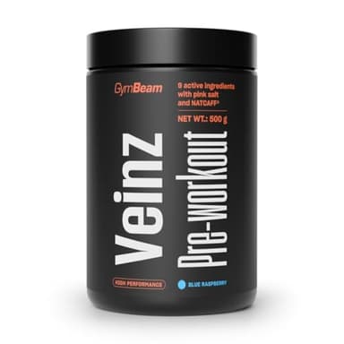GymBeam Veinz Pre-Workout - Con Citrullina, Arginina, Caffeina NATCAFF®, Beta-Alanina e Vitamine, Gusto Fruttato, Vegano per Pump e Energia (500 g, Lampone blu)