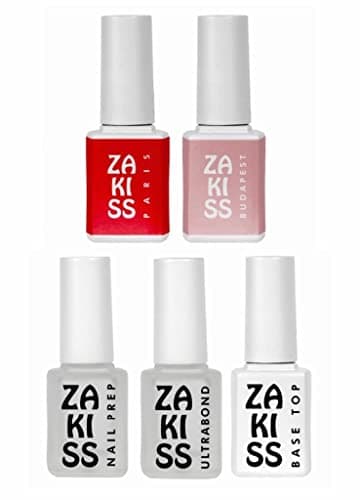 ZAKISS Il miglior KIT SMALTO SEMIPERMANENTE Completo per UNGHIE - NAIL PREP + Ultrabond + BASE TOP + Smalto Rosso + Nude - Made in Italy