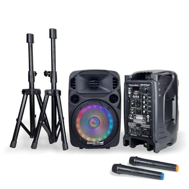 Coppia Casse Attiva + Passiva Con 2 Microfoni Wireless e Bluetooth - MINI KIT Per Karaoke, Per Piccoli Eventi e Feste- 2 Stativi Inclusi - Casse Audio Complete