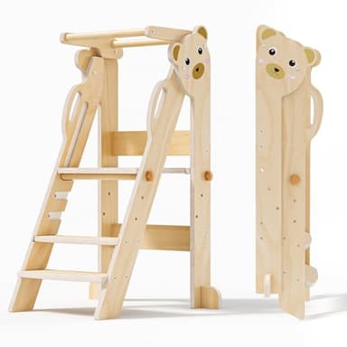 Aoykkii Torre di Apprendimento Pieghevole, 3 Altezze Regolabili, Fold Legno Torre Montessoriana da 1 a 6 Anni per Bambini, Montessori Learning Legno Naturale Kitchen Helper