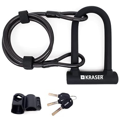KRASER KR65145B Lucchetto Bici a U, Alta Resistenza, Compatto + Cavo 120cm Più Sicuro e Pratico, Forcella ø16 Acciaio a Doppia Blocco, Supporto per Facile Trasporto, Blocca Ruote Bicicletta