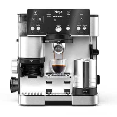 Ninja Luxe Essential Macchina da Caffè 2 in 1, Macchina per Latte, Cappuccino ed Espresso con Macinacaffè Integrato e Montalatte, Facile da usare, 2 Programmi Automatici per Schiuma, Argento, ES501EU