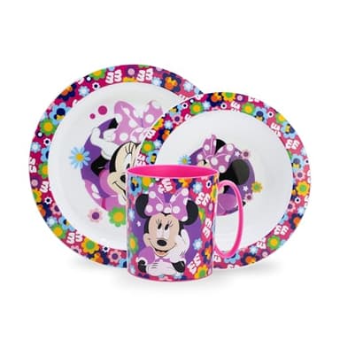 Sorrisini set stoviglie riutilizzabili, Piatti bambini per asilo scoula con piatto, ciotola, tazza, Set svezzamento prima pappa bimbo in plastica dura adatta per microonde, Minnie Smile