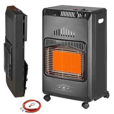 A.M.C. Stufa a Gas Pieghevole per Bombola GPL di 15 kg con 3 Elementi Riscaldanti e 3 Potenze Selezionabili, Accensione Piezoelettrica, Struttura in Metallo Nera, 4 Ruote Sistema Antiribaltamento