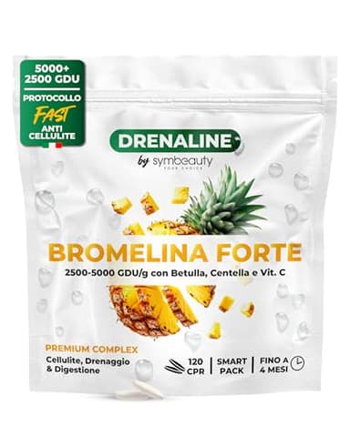 Bromelina Forte Drenante 2500+5000 GDU (120cpr - Fino a 4 mesi) + Protocollo Fast Anticellulite | Bromelina, Centella, Betulla e Vitamina C. Integratore Cellulite Drenaggio e Digestione - Vegano