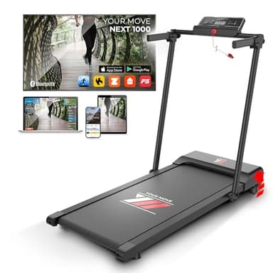 YM Tapis Roulant Elettrico Salvaspazio 12 km/h, Tappeto Corsa MAXI 42cm, MARCHIO ITALIANO, Telaio rinforzato, APP Interattive Bluetooth, Pieghevole, 12 Programmi, NEXT 1000 Your Move ASSISTENZA ITALIA