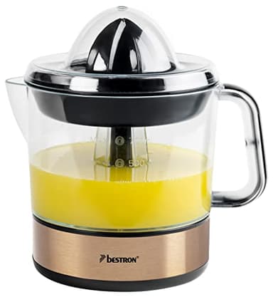 Bestron Spremiagrumi elettrico, Spremi agrumi elettronico con 2 coni di spremitura e coperchio per aromi, motore con due sensi di rotazione (sinistra/destra), capacità: 0,7 litri, 40 watt, Rame