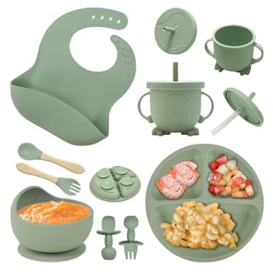 NEXROLA Set Pappa Svezzamento, 8 Pezzi, Piatto Svezzamento Ventosa Ciotola, Bavaglino Silicone, Cucchiaino Forchetta Neonato, Piatti per Bambini, Posate Bambini, Svezzamento Neonati, Verde