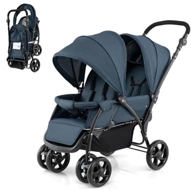 COSTWAY Passeggino Doppio Pieghevole per Bambini, Passeggino Gemellare Pieghevole, con Seduta in Tandem e Tettuccio, Schienale Regolabile, Ruote Bloccabili e Antiurto, per Bambini 0-36 Mesi (Blu)
