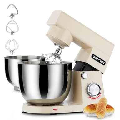 CHeflee Impastatrice Planetaria 1500W Robot da Cucina Multifunzione con 4,5 e 5,5 L Ciotola in Acciaio inox,10 velocità,con Gancio per Mescolare,Gancio per Impastare Impastatrice Professionale(Crema)