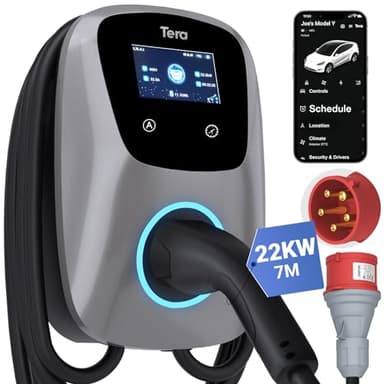 Tera EV Caricabatterie con Smart App 32A Tipo 2 22kW 400V CE e TUV Wallbox Cavo di Ricarica 7 Metri Staffa Caricabatterie Controllo Applicazione&Spina trifase CEE - Argento W01