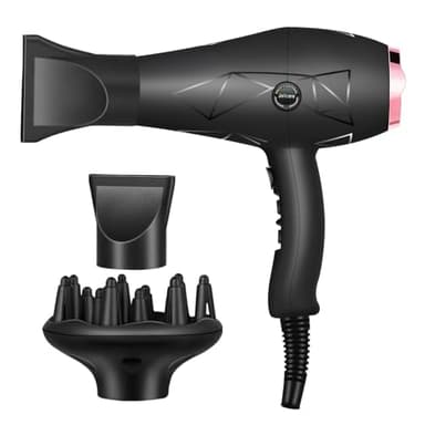 Jolicare Phon Capelli Asciugacapelli Professionale, 2400W Phon con Diffusore per Ricci, Luce Blu Fono Capelli con Concentratori, 2 Velocità/3 Temperature, Cura Ionica (Nero)